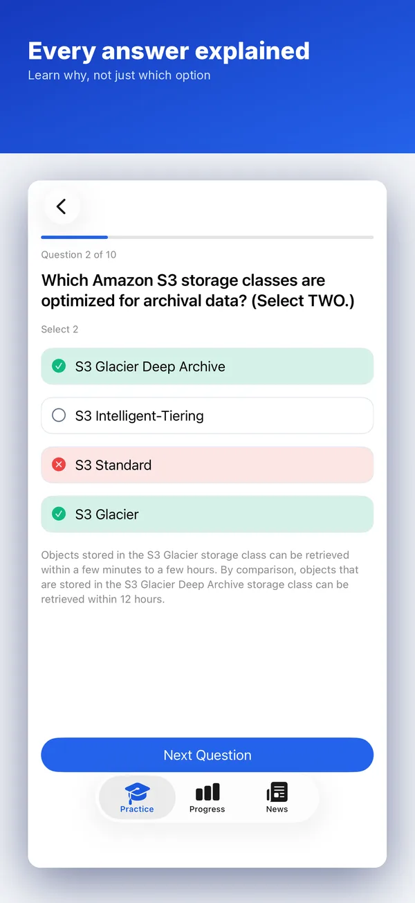 Cloud Practitioner Exam Prep on iPhone: a practice question with explanations