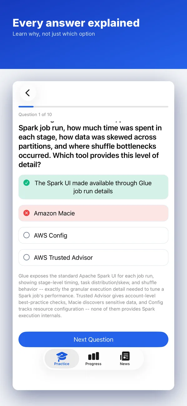 Data Engineer Cert Prep on iPhone: a practice question with explanations